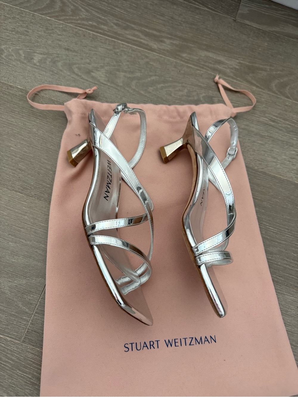 Stuart Weitzman Metallic Silver Strappy Square-Toe Heels - Picture 2 of 3